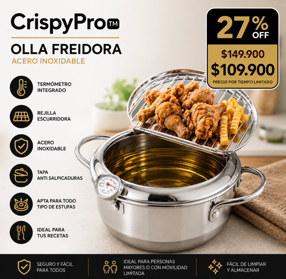CrispyPro™ / Olla Freidora de Acero Inoxidable con Rejilla